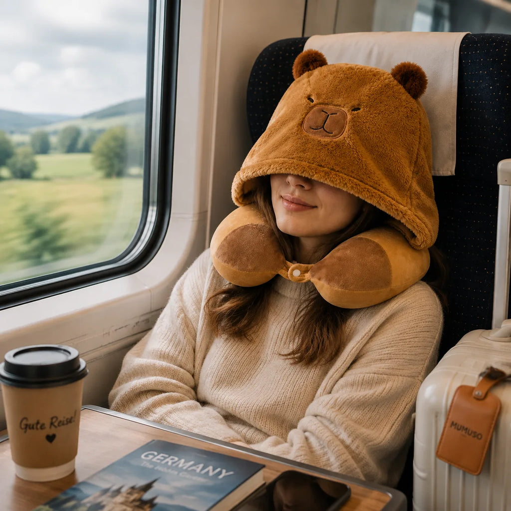 MUMUSO Capybara Nackenkissen mit Kapuze bei der Anwendung im Zug