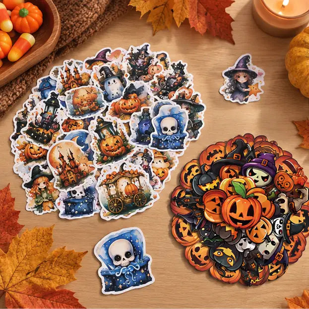 Halloween Sticker Sets mit Figuren Kürbissen und Fledermäusen