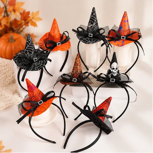 Halloween Haarreifen mit orangefarbenen und schwarzen Hexenhüten