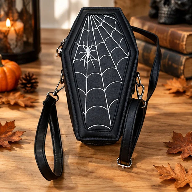 Gothic Taschen mit weißem Spinnennetzmotiv
