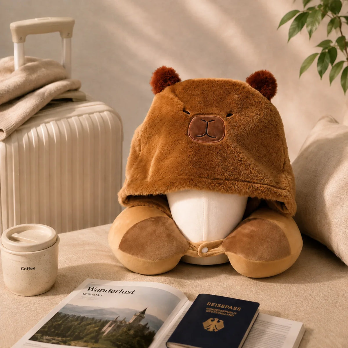 Braunes MUMUSO Capybara Nackenkissen mit Kapuze und Memory Foam in einer Reiseszene