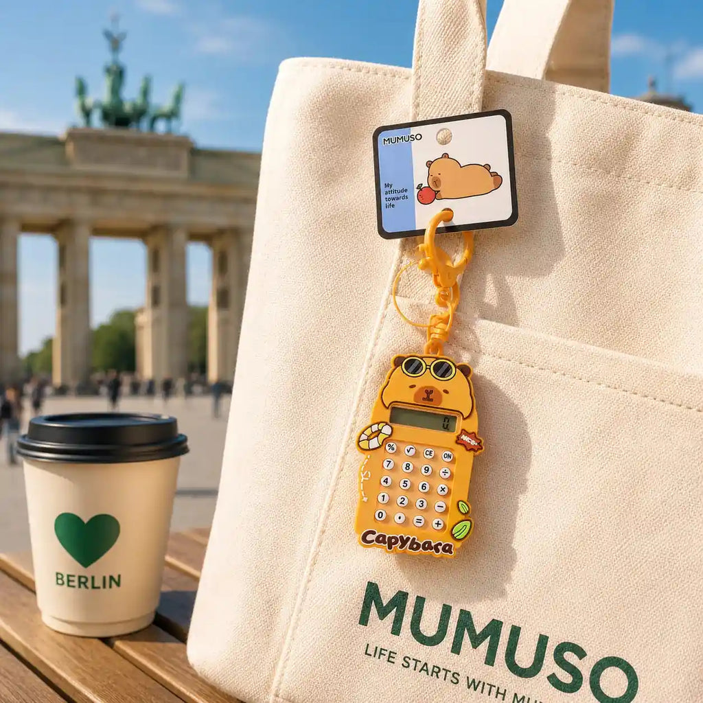 Orangefarbener Capybara Taschenrechner Schlüsselanhänger an einer Stofftasche in Berlin