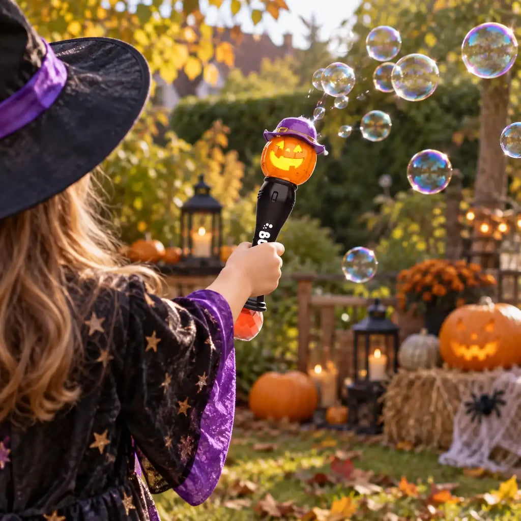 Kind verwendet Halloween Seifenblasenstab im herbstlichen Garten