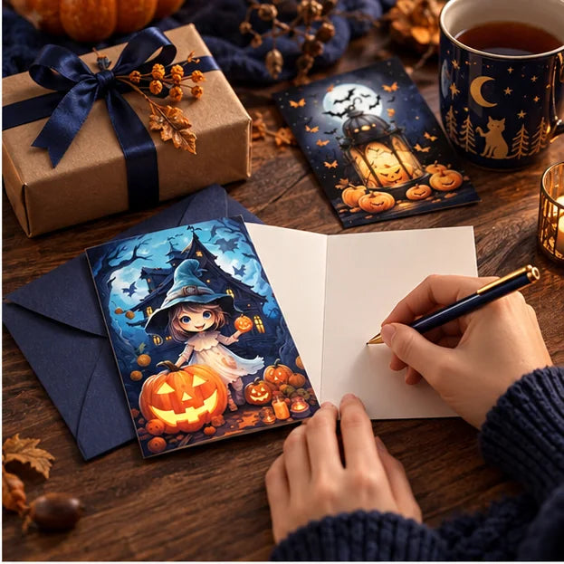 Hand schreibt eine persönliche Halloween Grußkarte