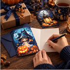 Hand schreibt eine persönliche Halloween Grußkarte