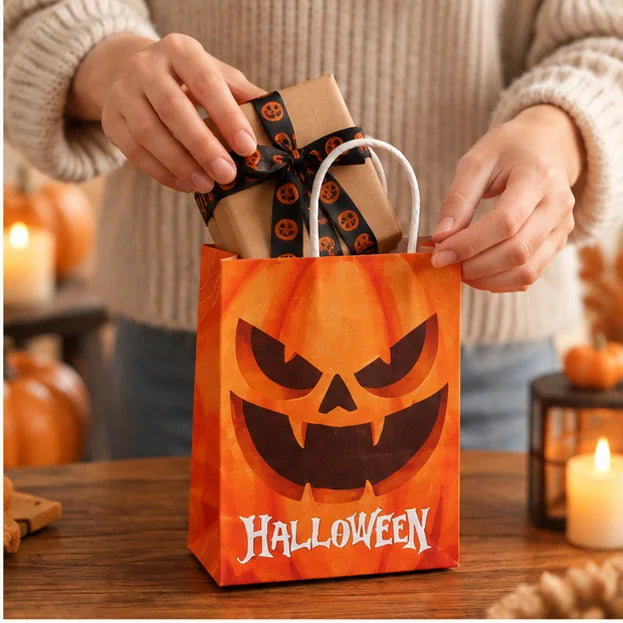 Hände legen ein Geschenk in eine Halloween Geschenktüte