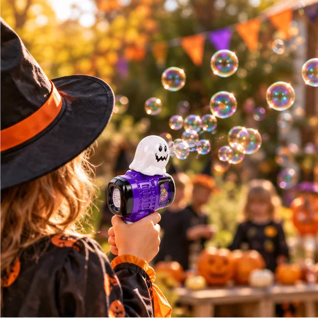 Kind verwendet eine Halloween Seifenblasenpistole im Garten
