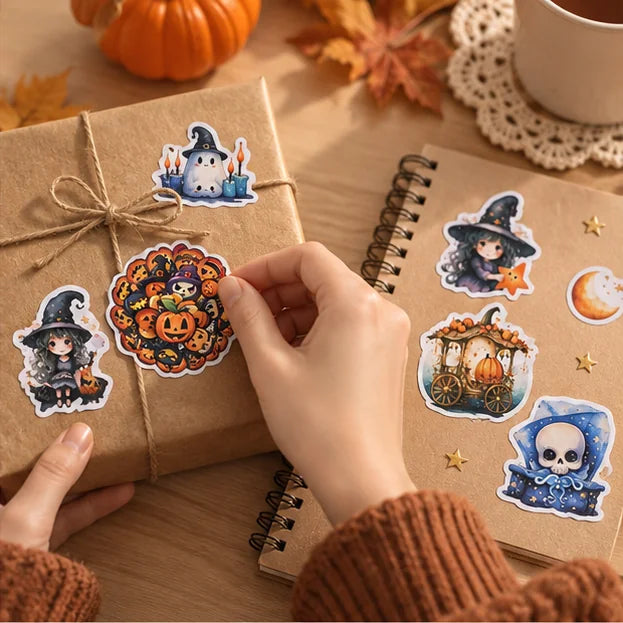 Hände dekorieren ein Geschenk mit Halloween Stickern