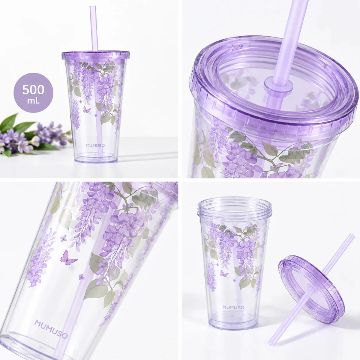 Floral Trinkbecher in Lila mit Detailansichten von Deckel und Strohhalm