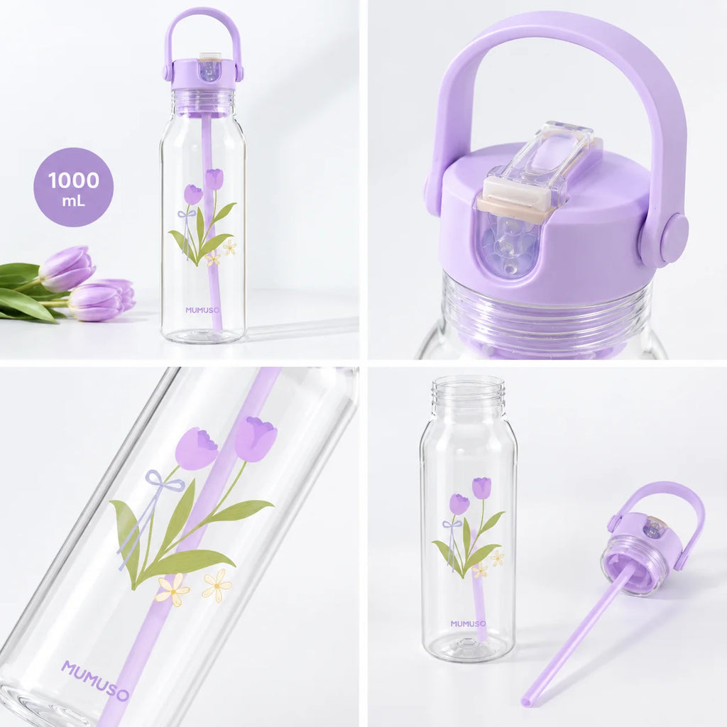 Floral Trinkflasche in Lila mit Detailansichten von Deckel und Strohhalm