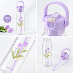 Floral Trinkflasche in Lila mit Detailansichten von Deckel und Strohhalm