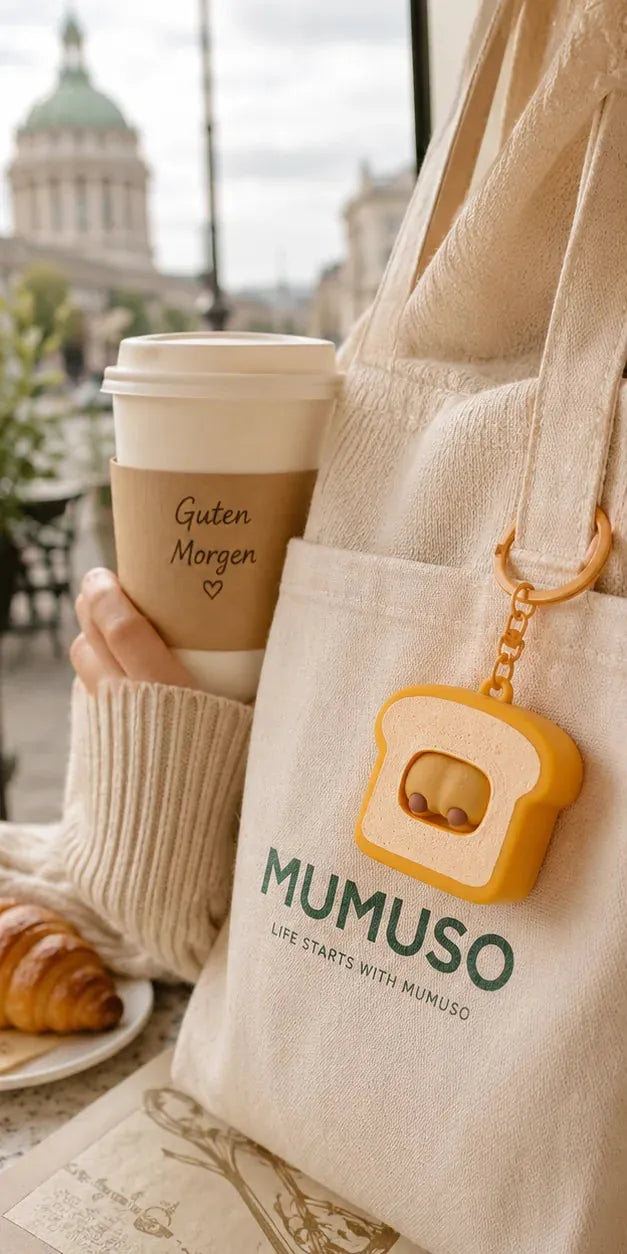 Capybara Schlüsselanhänger in Toastform an einer Stofftasche