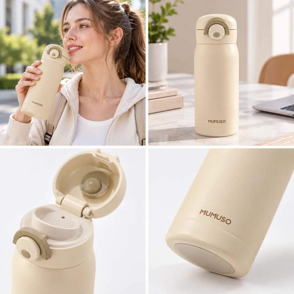 Macaron Isolierflasche in Beige mit geöffnetem Flip-Top-Deckel