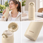 Macaron Isolierflasche in Beige mit geöffnetem Flip-Top-Deckel