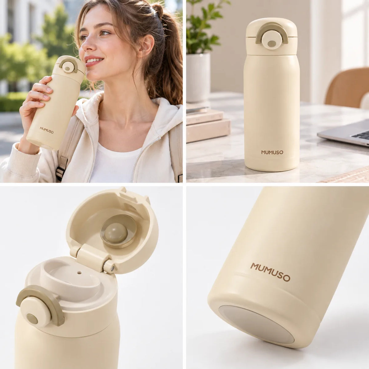 Macaron Isolierflasche in Beige mit geöffnetem Flip-Top-Deckel