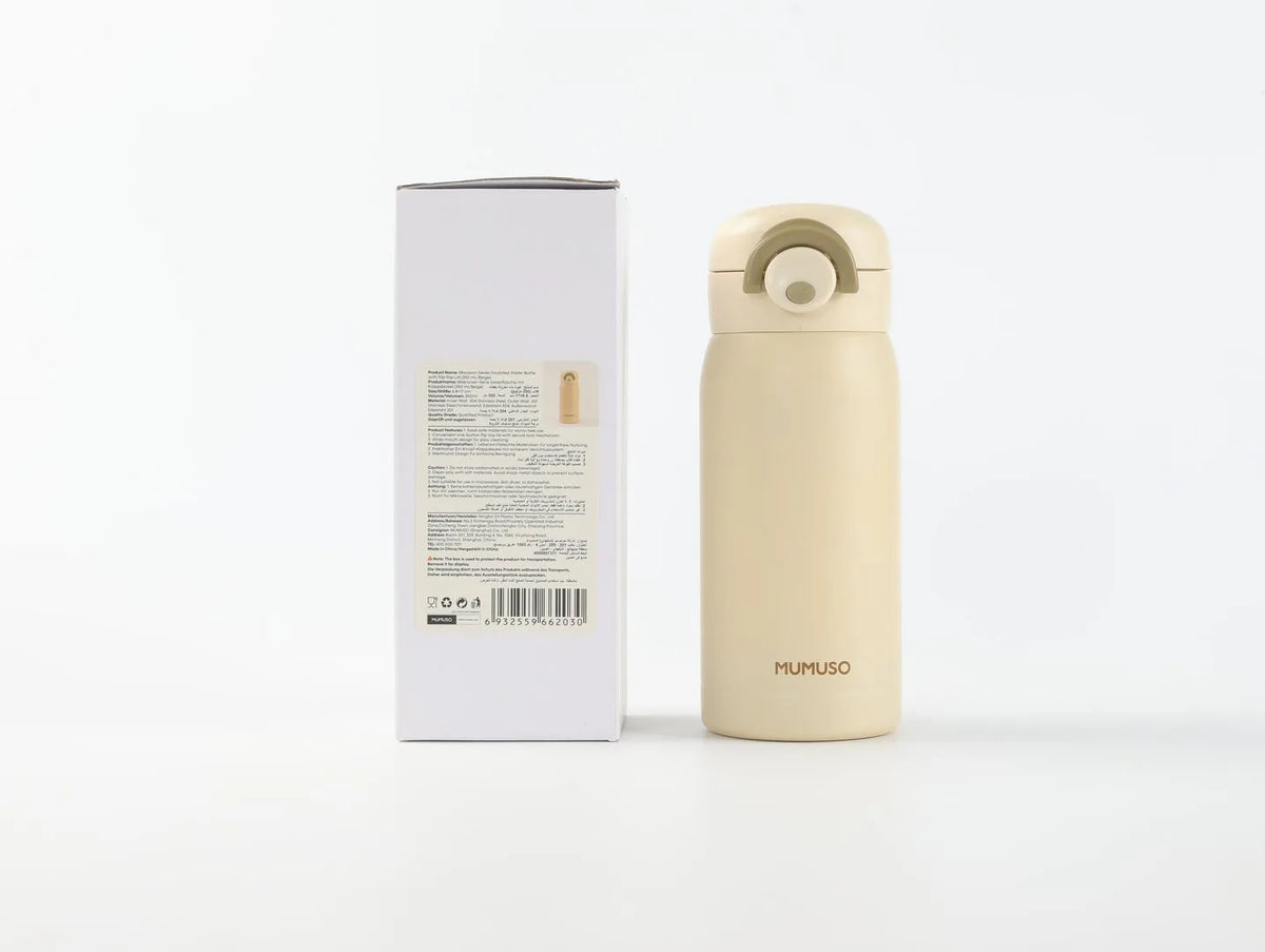 Verpackte Macaron Isolierflasche in Beige mit Produktinformationen