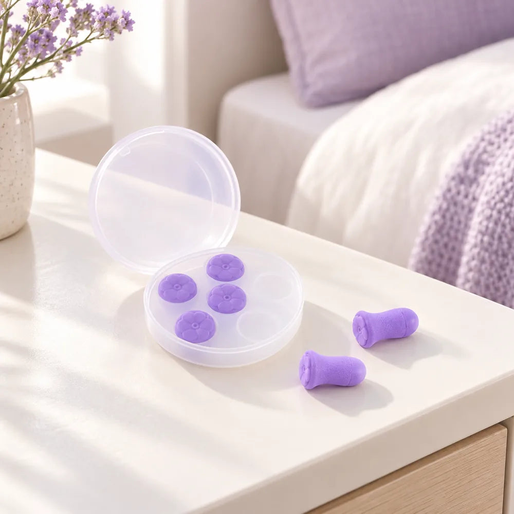 Lila Blumen Ohrstöpsel im 6er Pack in einer ruhigen Schlafzimmer Szene