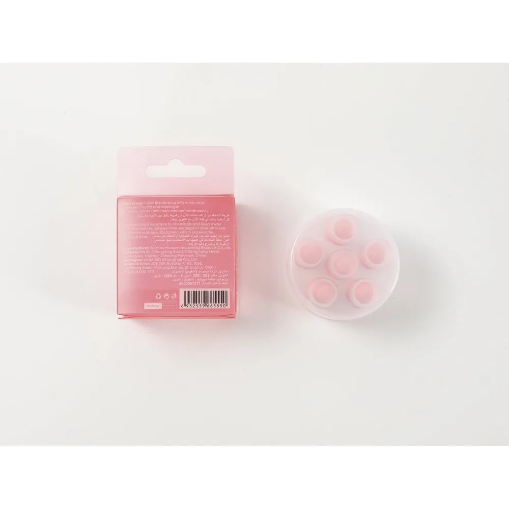 Rosa Blumen Ohrstöpsel mit Verpackung und Aufbewahrungsbox auf weißem Hintergrund