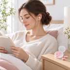 Frau trägt einen rosa Blumen Ohrstöpsel beim Lesen im Schlafzimmer