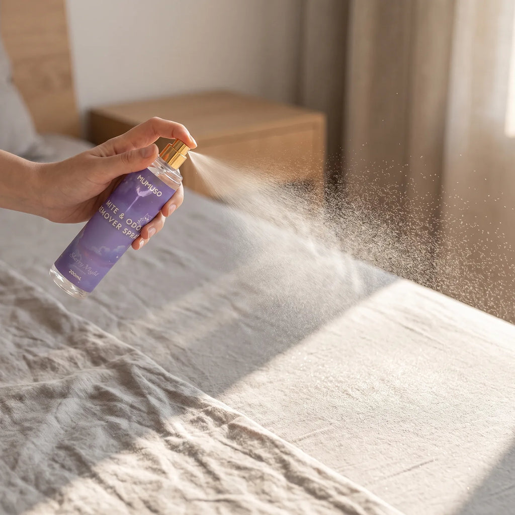 Anwendung des Starry-Night-Sprays gegen Milben und Gerüche auf Bettwäsche