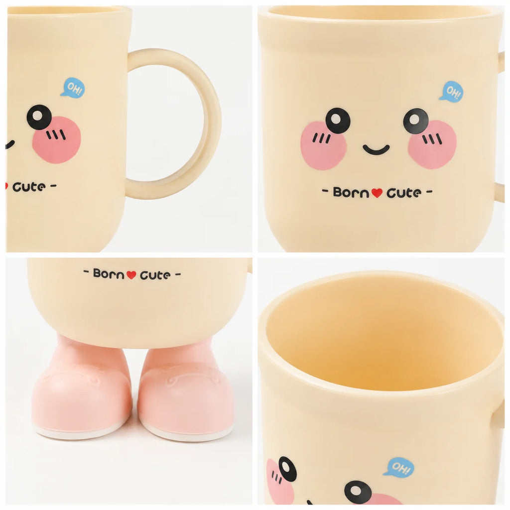 Details des rosa Macaron Zahnputzbechers mit Cartoonmotiv