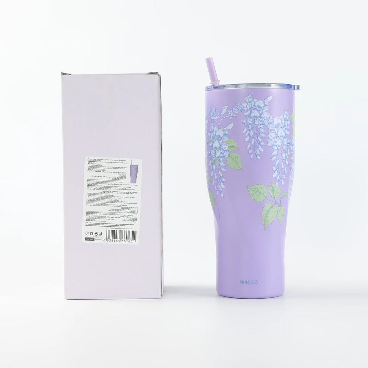 Floraler Isolierbecher mit Strohhalm in Lila quadratische Ansicht auf weißem Hintergrund