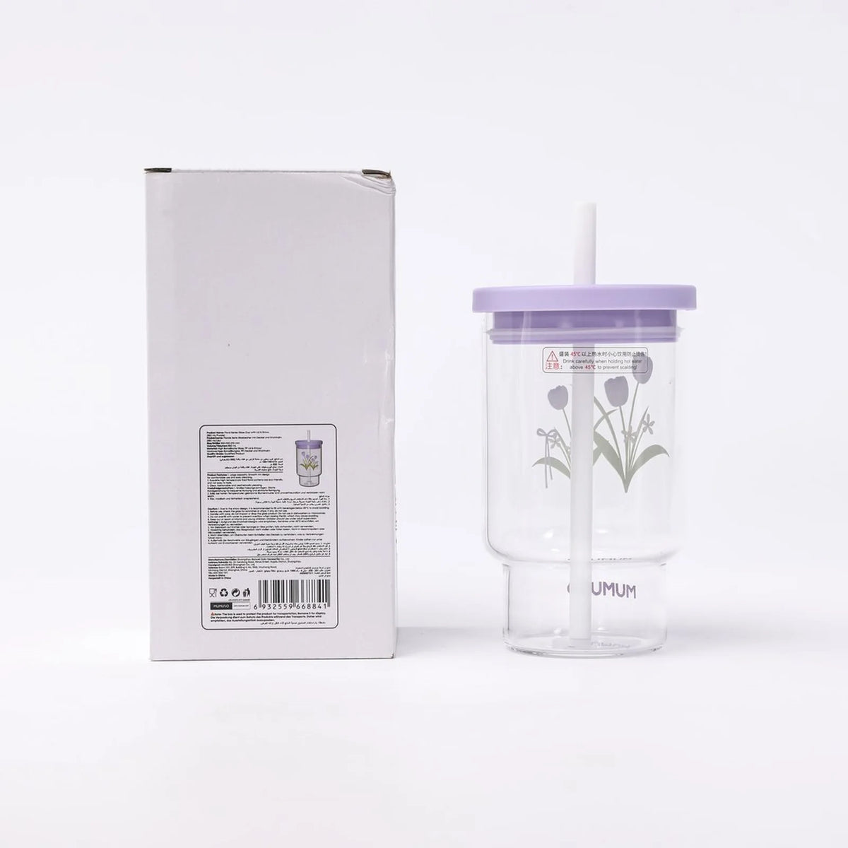 Floraler Glasbecher 850 ml in Lila mit Originalverpackung
