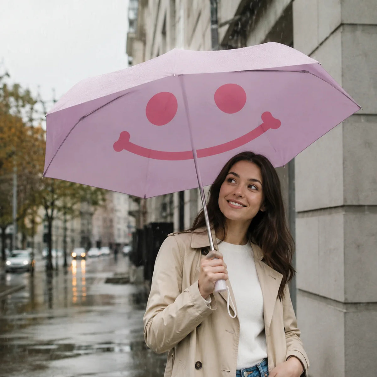 Frau mit rosa Happy Mood Automatik Taschenschirm im Regen