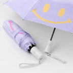 Detailansicht von Griff und Smiley Motiv des Automatik Taschenschirms