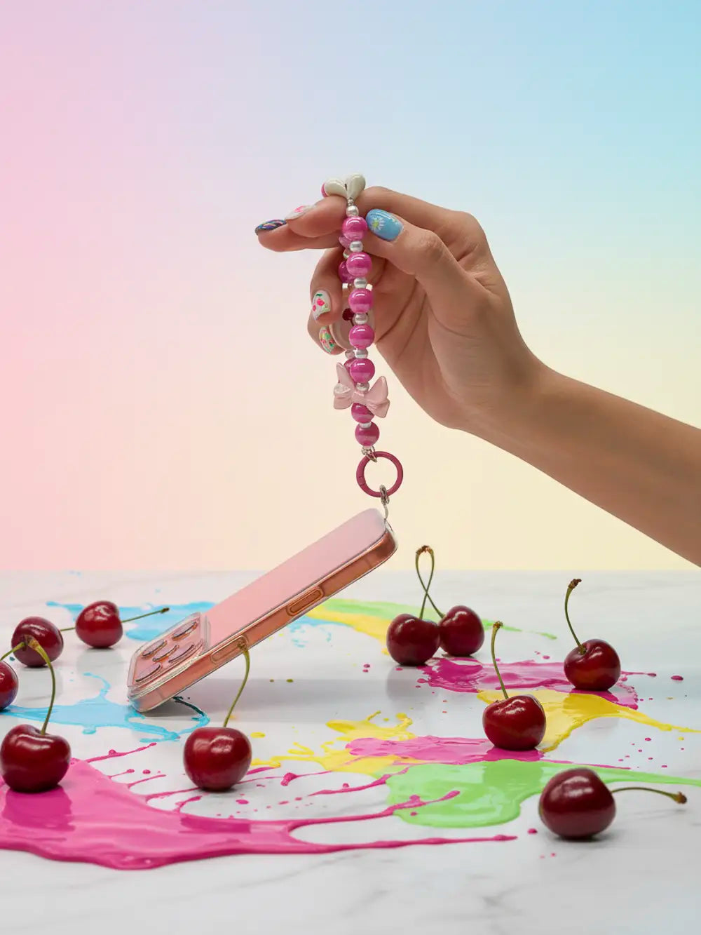 Perlen-Handykette mit Kirsch-Design für Smartphones (Pink)