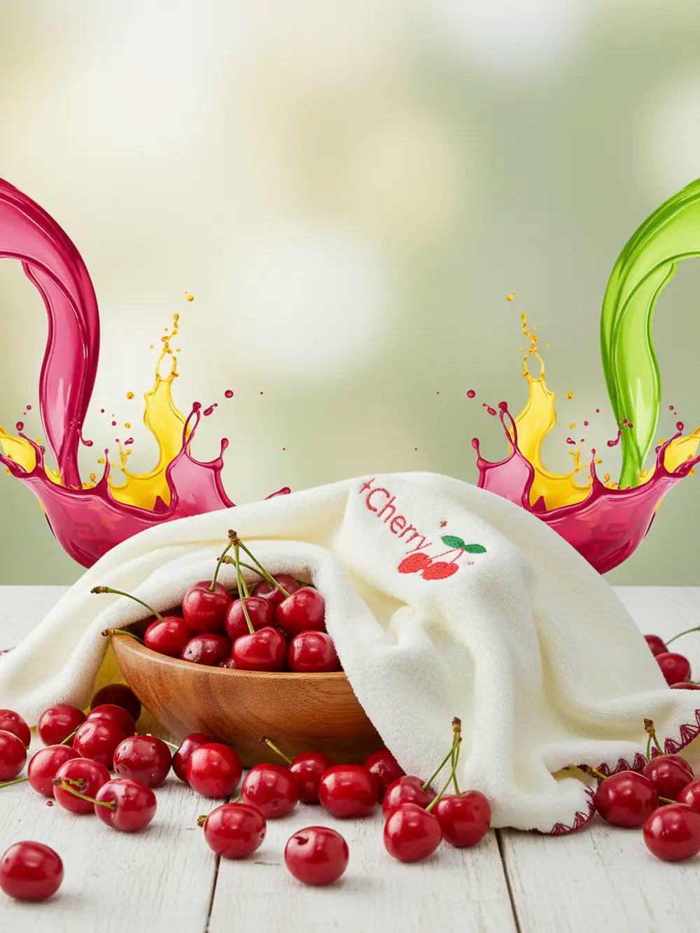 Mikrofaser-Gesichtshandtuch mit Kirsch-Design, weich &amp; schnelltrocknend (Creme/Rot)