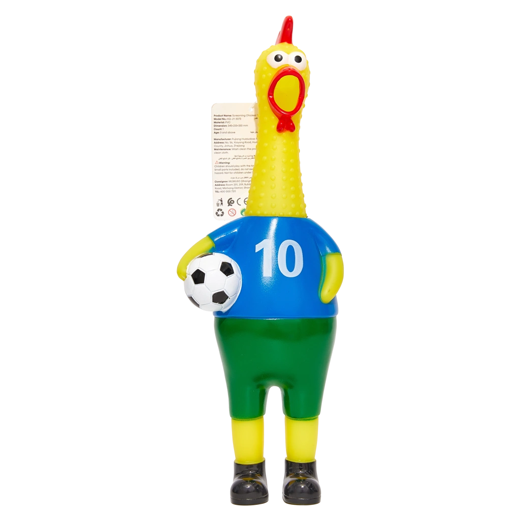 Gummihuhn aus PVC mit Fußball-Design, quietschend (Blau/Grün/Rot)