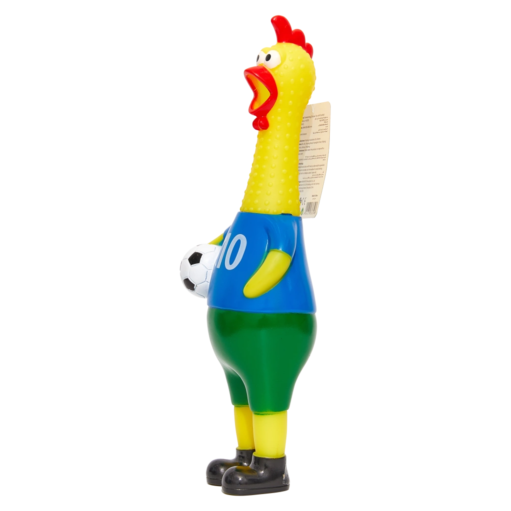Gummihuhn aus PVC mit Fußball-Design, quietschend (Blau/Grün/Rot)