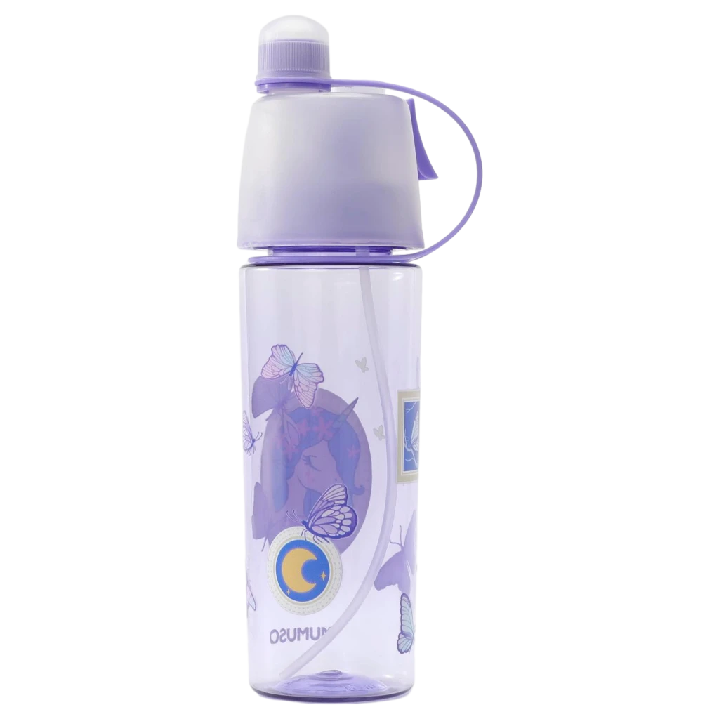 Kunststoff-Wasserflasche mit Sprühfunktion, 500 ml, mit Einhorn-Design (Lila)