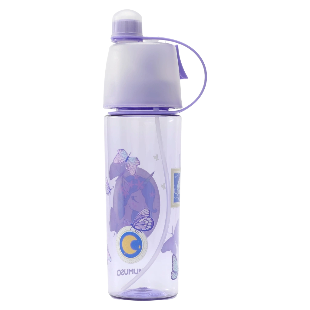 Kunststoff-Wasserflasche mit Sprühfunktion, 500 ml, mit Einhorn-Design (Lila)