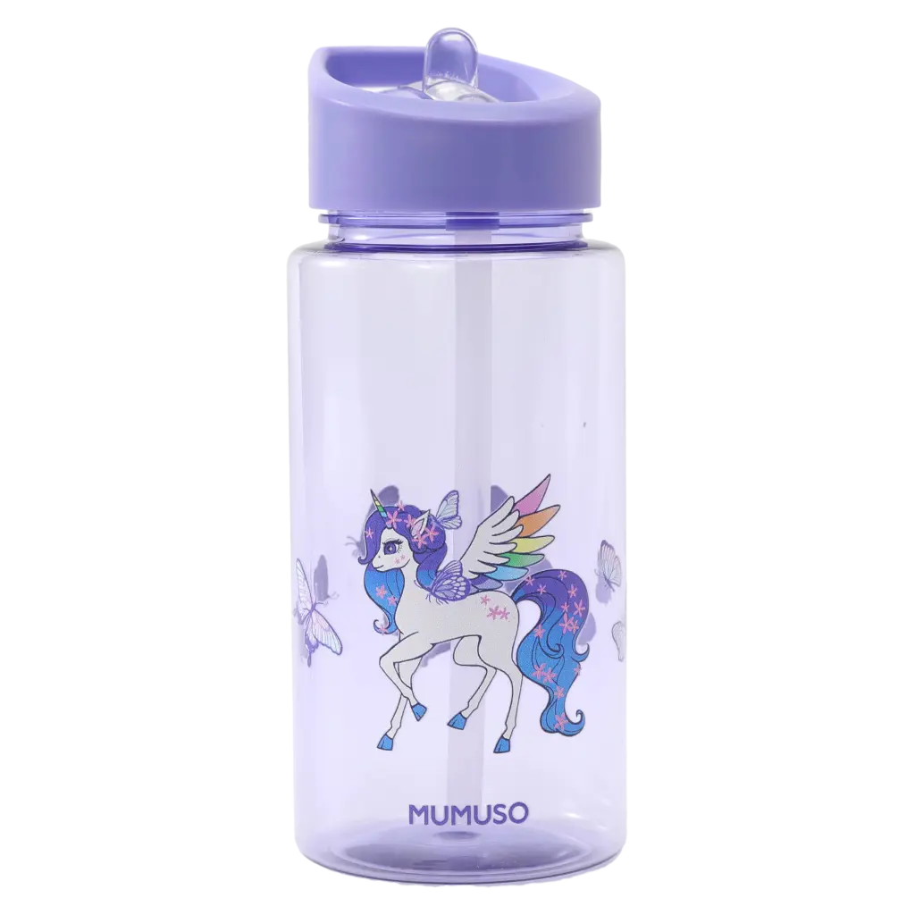 Kunststoff-Wasserflasche mit Strohhalm und Einhorn-Design, 500 ml (Lila)