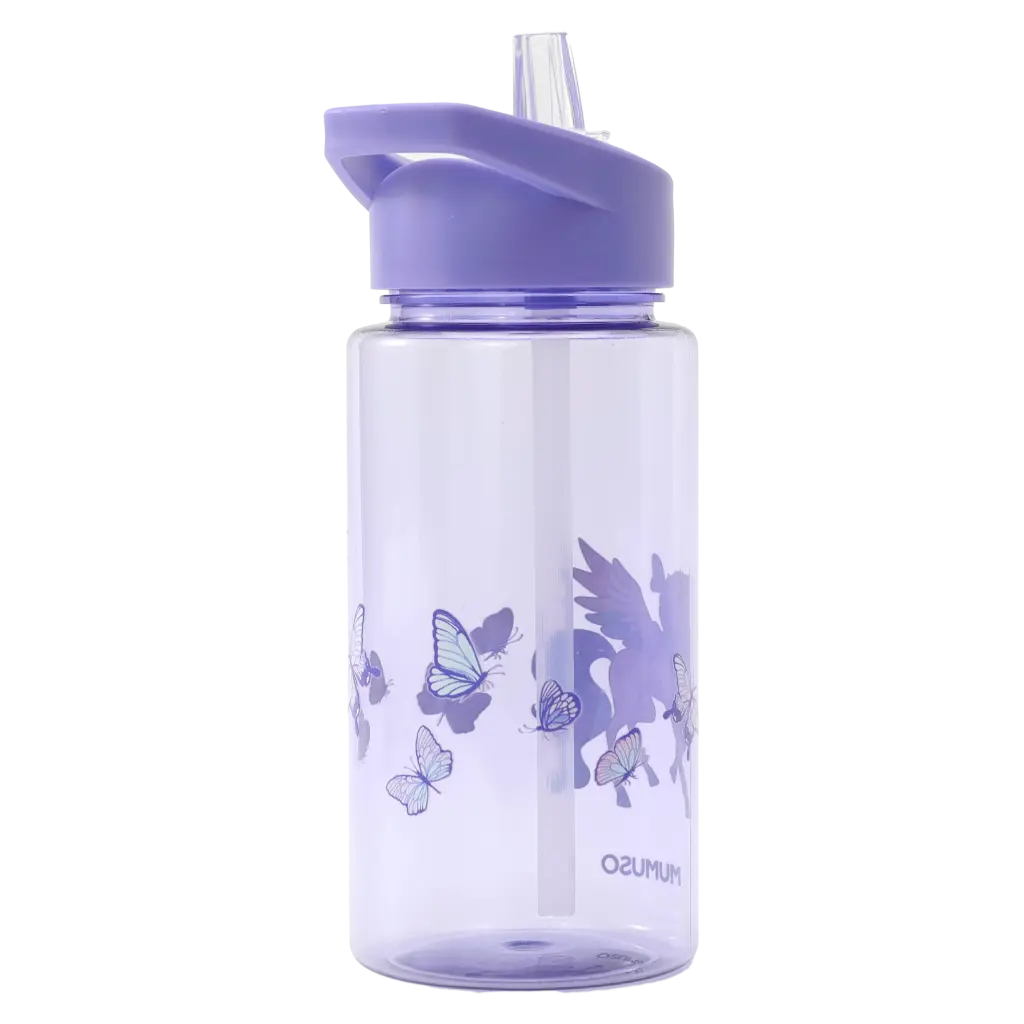 Kunststoff-Wasserflasche mit Strohhalm und Einhorn-Design, 500 ml (Lila)