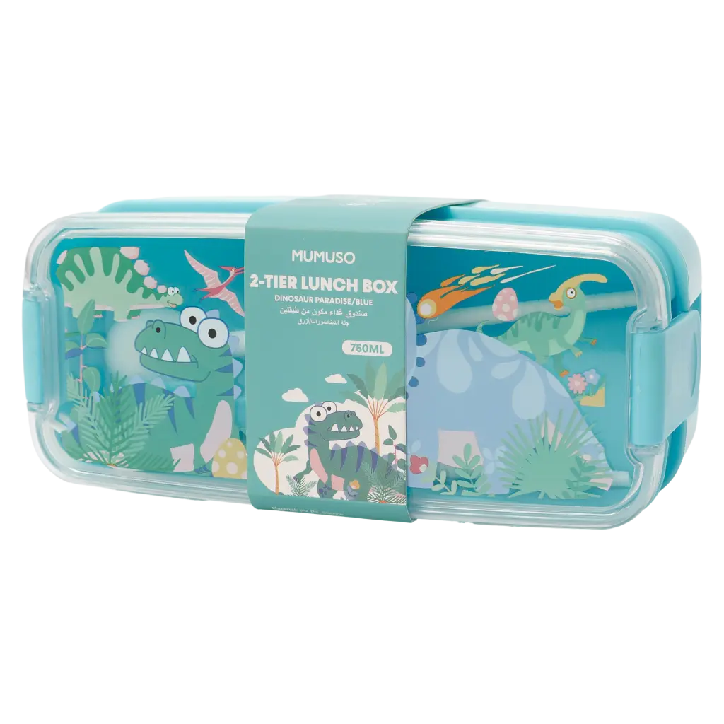 2-stöckige Kunststoff-Lunchbox mit Dinosaurier-Design, 750 ml (Blau)