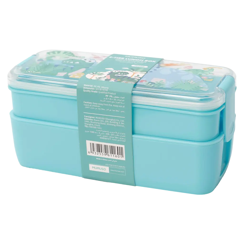 2-stöckige Kunststoff-Lunchbox mit Dinosaurier-Design, 750 ml (Blau)
