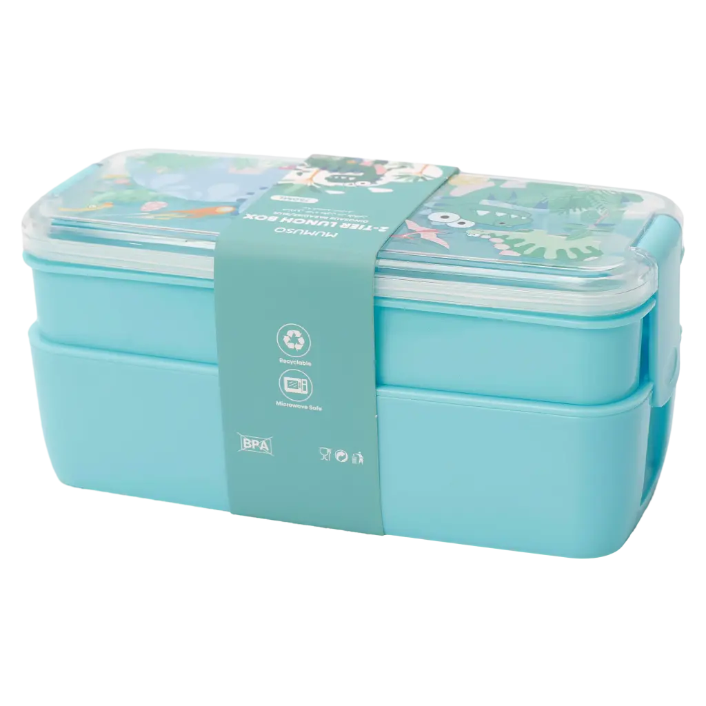 2-stöckige Kunststoff-Lunchbox mit Dinosaurier-Design, 750 ml (Blau)