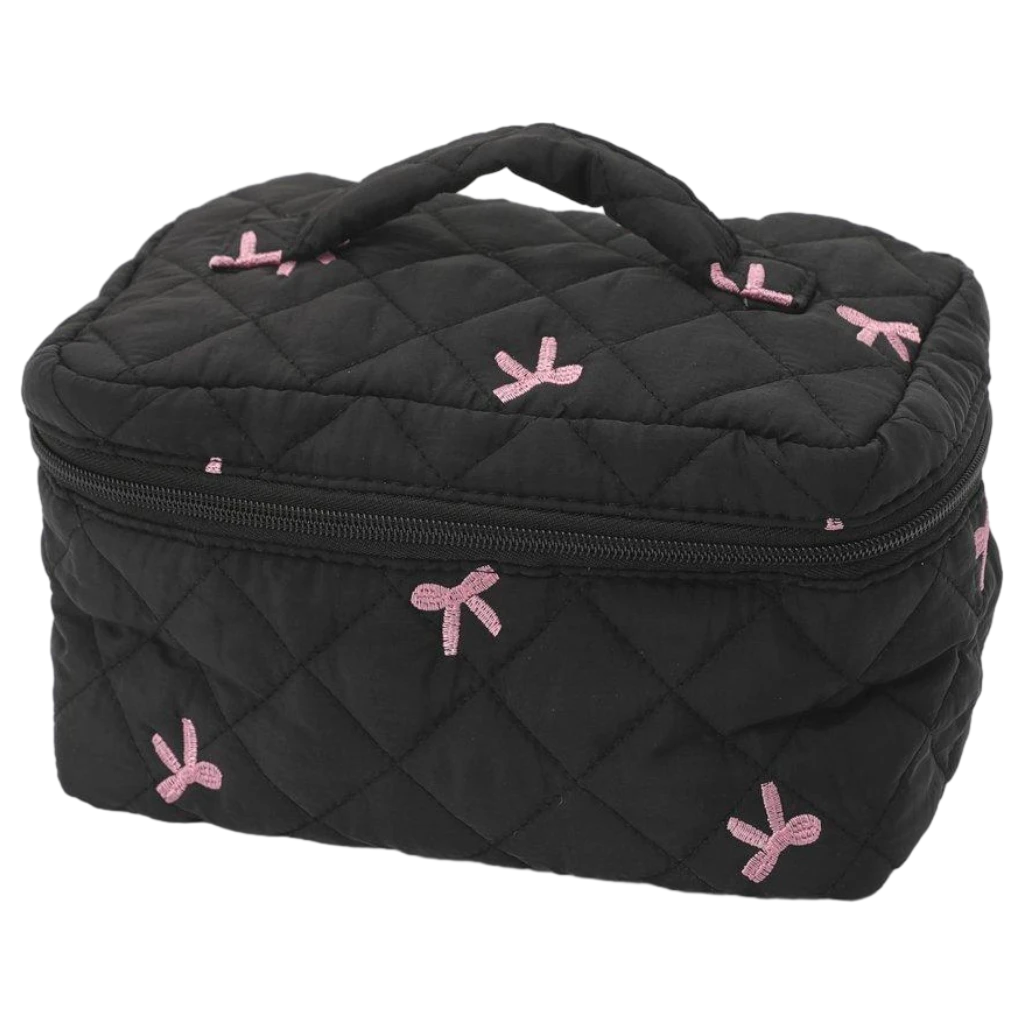 Schleifenbestickte Kosmetiktasche aus gequilteter Baumwolle (Schwarz)