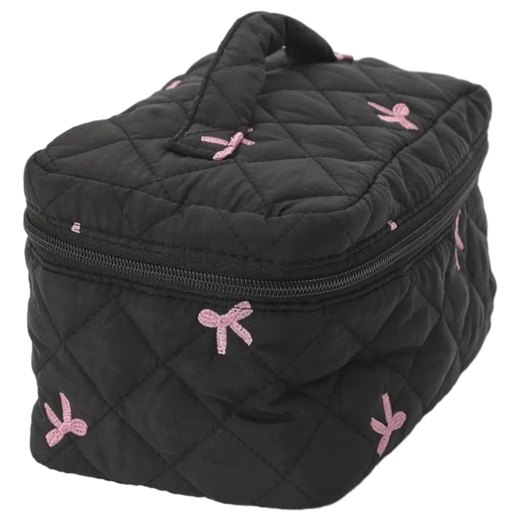 Schleifenbestickte Kosmetiktasche aus gequilteter Baumwolle (Schwarz)