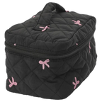 Schleifenbestickte Kosmetiktasche aus gequilteter Baumwolle (Schwarz)