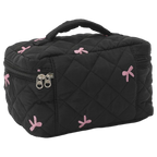 Schleifenbestickte Kosmetiktasche aus gequilteter Baumwolle (Schwarz)