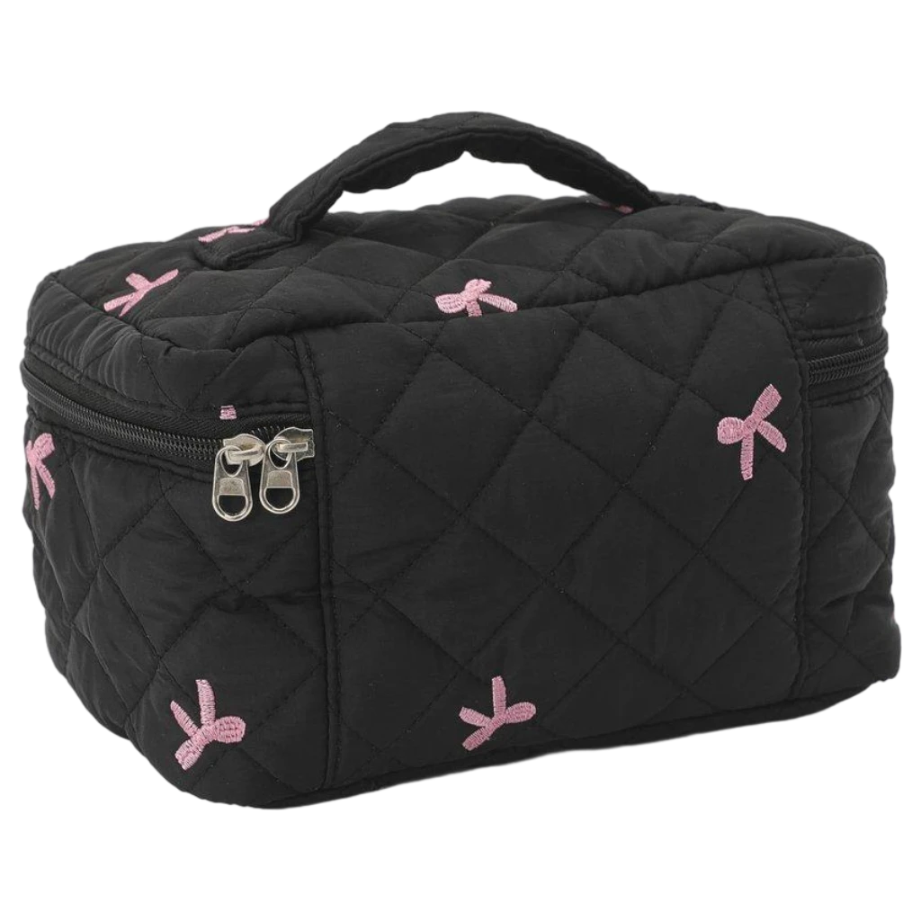 Schleifenbestickte Kosmetiktasche aus gequilteter Baumwolle (Schwarz)