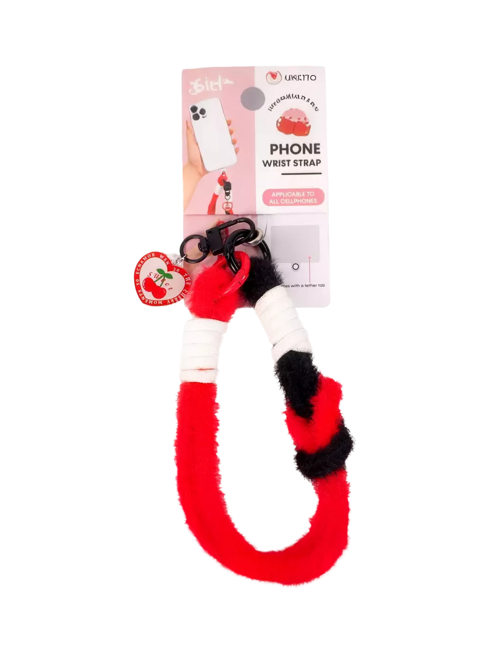 Flauschiges Handy-Armband mit Kirsch-Design (Rot/Weiß/Schwarz)