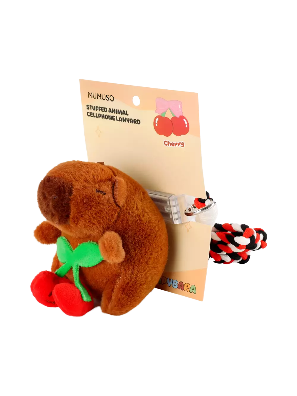 Handy-Lanyard mit Plüschanhänger im Kirsch-Design (Schwarz/Rot/Weiß)
