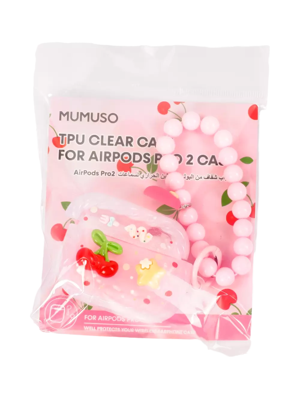 TPU Schutzhülle mit Kirsch-Design und Perlenarmband für AirPods Pro 2 (Rosa)