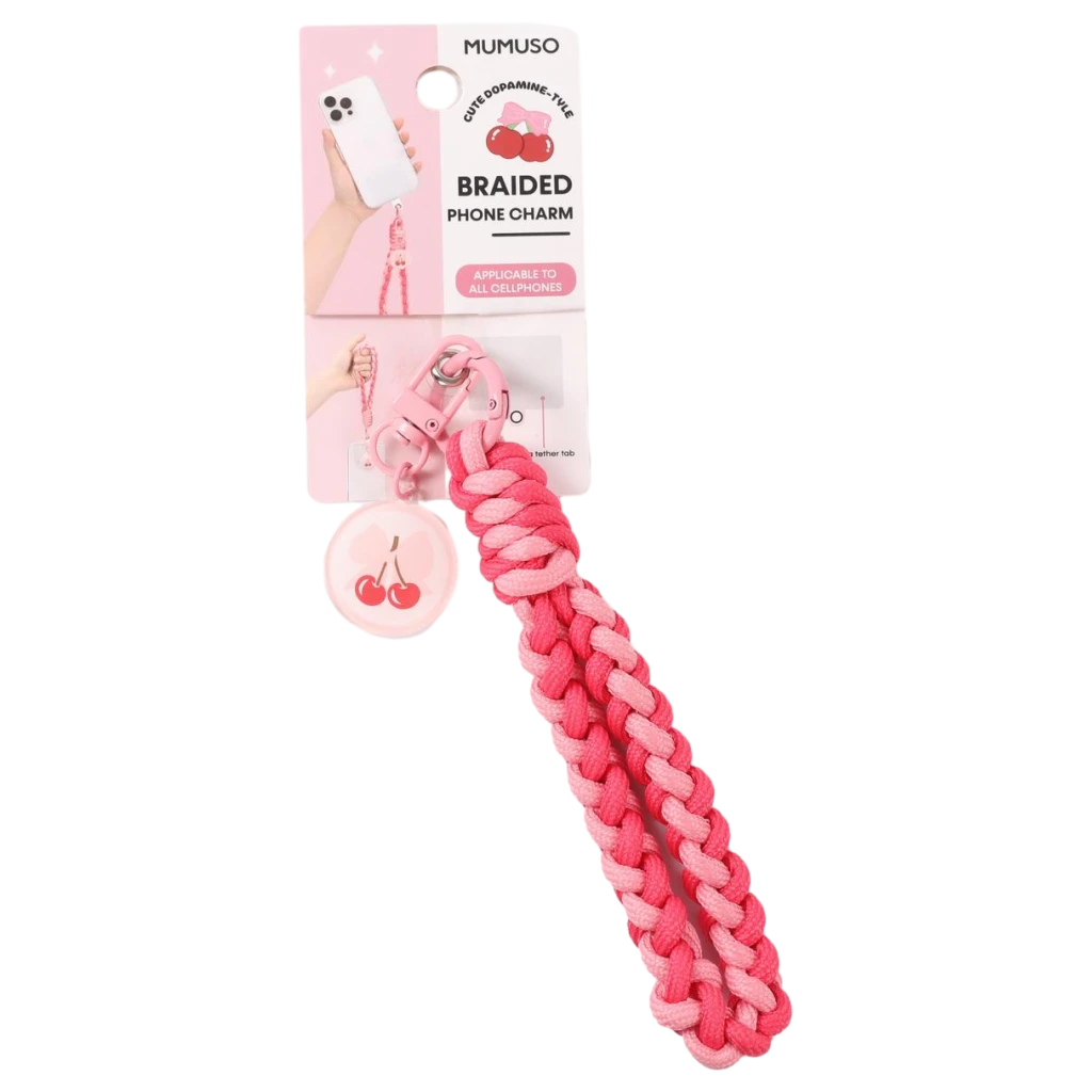 Geflochtener Smartphone-Anhänger mit Kirschen-Design (Rosa/Pink)