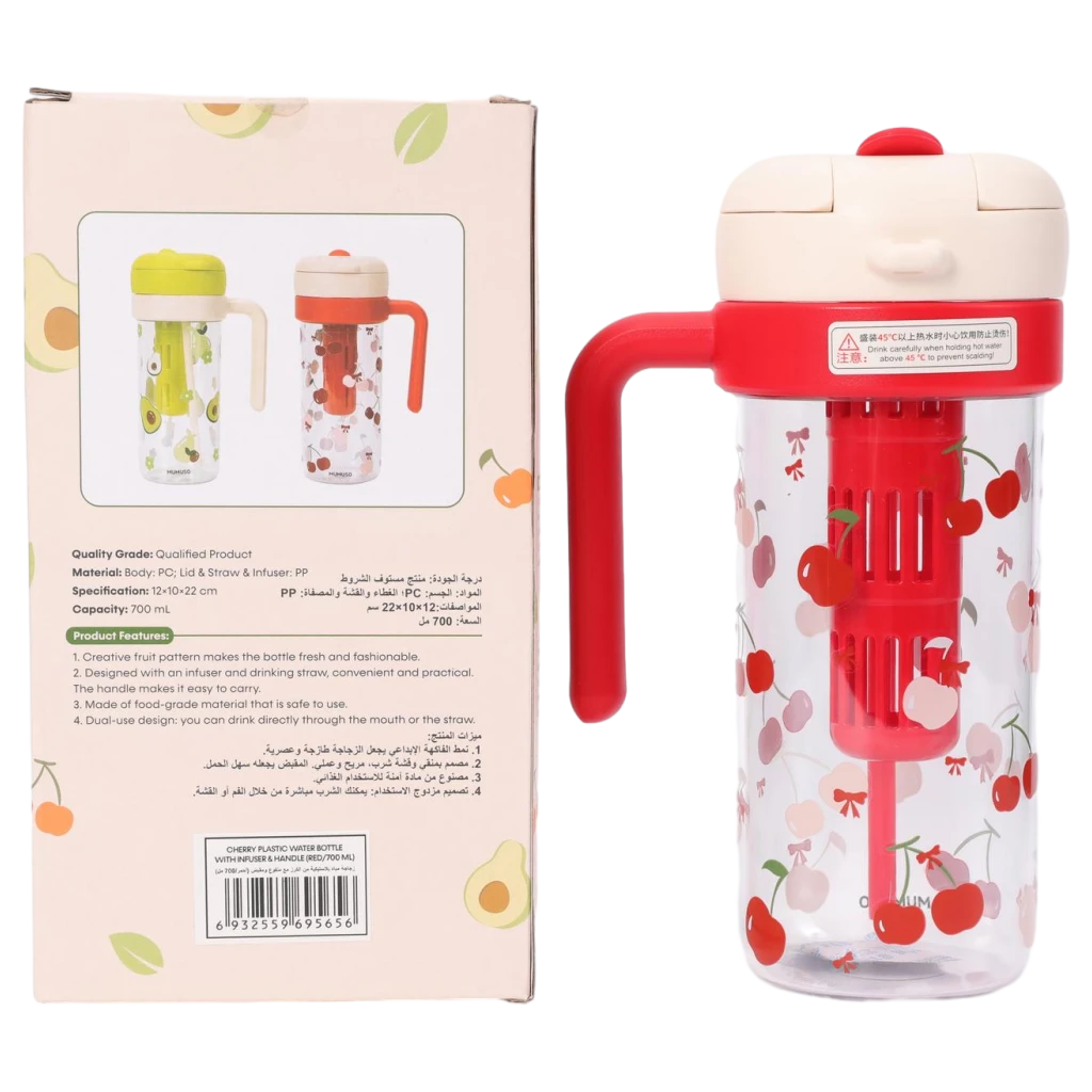 Kunststoff-Trinkflasche mit Kirsch-Design und Fruchteinsatz, 700 ml (Rot)